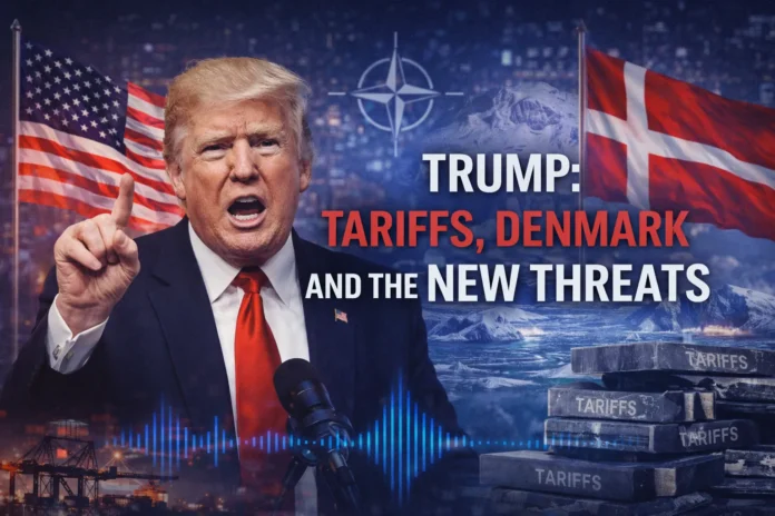News-style featured image about Donald Trump, tariffs, and tensions involving Denmark and Greenland, with NATO-themed elements and a podcast audio waveform.