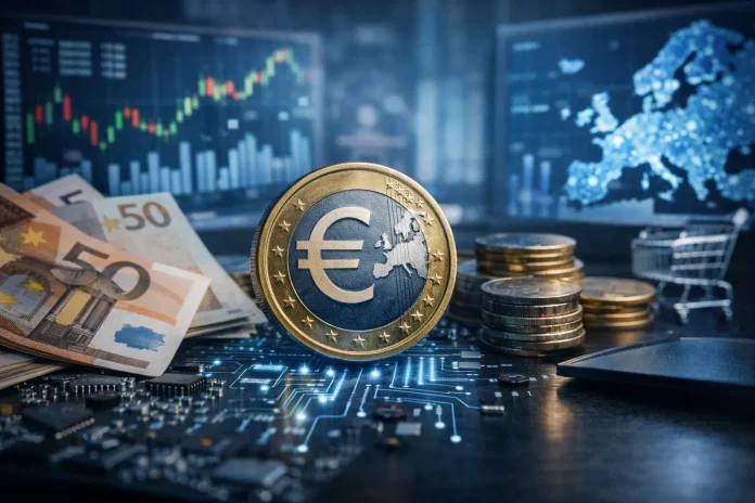 Symbolic representation of the digital euro with a euro coin on a digital circuit board and financial charts in the background