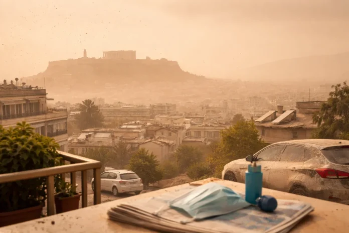 Θολός ουρανός πάνω από την Αθήνα λόγω αφρικανικής σκόνης, με μειωμένη ορατότητα και σκόνη σε επιφάνειες