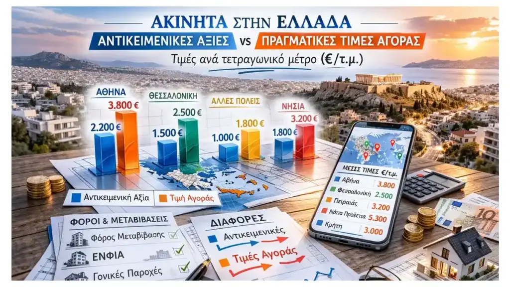 Ακίνητα στην Ελλάδα: Αντικειμενικές αξίες vs πραγματικές τιμές αγοράς — τι σημαίνει για τον πολίτη (€/τ.μ.)