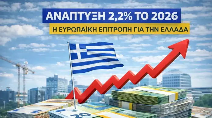 Γραφικό με ελληνική σημαία, στοίβες ευρώ και ανοδικό βέλος, συμβολική απεικόνιση πρόβλεψης ανάπτυξης για την Ελλάδα το 2026