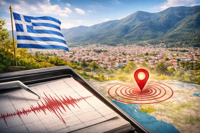 Symbolic depiction of seismic activity with a seismograph and map near Drama, Greece