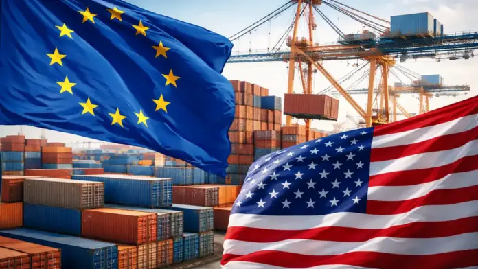 Θεσμική εικόνα για το εμπόριο ΕΕ–ΗΠΑ: σημαίες Ευρωπαϊκής Ένωσης και Ηνωμένων Πολιτειών μπροστά από λιμάνι με εμπορευματοκιβώτια και γερανούς φόρτωσης.