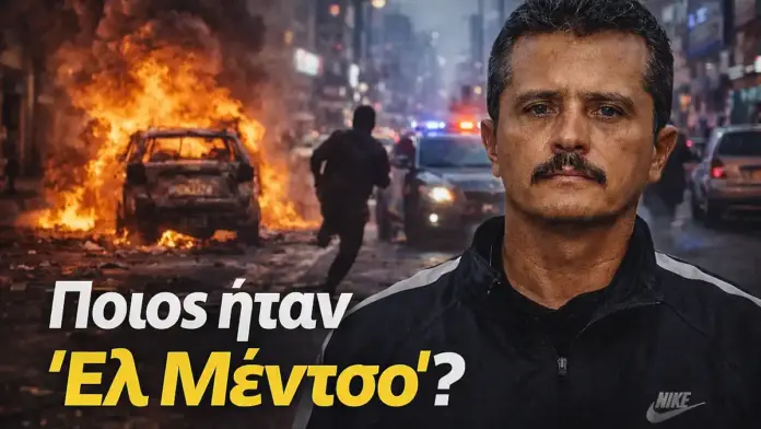 Εικονογραφική σύνθεση για explainer στο Μεξικό: πορτρέτο του «El Mencho» στο προσκήνιο, με φόντο σκηνές έντασης και δυνάμεις ασφαλείας.