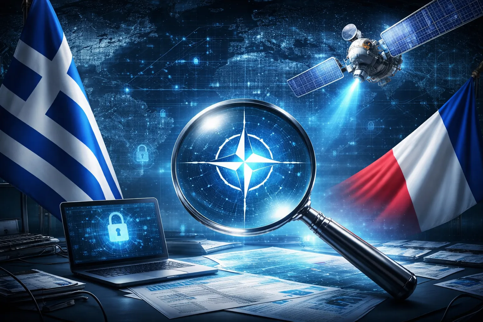Intelligence investigation concept image representing Greece and France examining NATO-related technology and satellite data