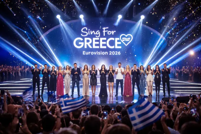 Συμβολική εικόνα με ομάδα ανθρώπων σε τηλεοπτικό/σκηνικό περιβάλλον, που παραπέμπει στον δεύτερο ημιτελικό του «Sing For Greece» και στη διαδικασία πρόκρισης προς τον τελικό για τη Eurovision 2026.