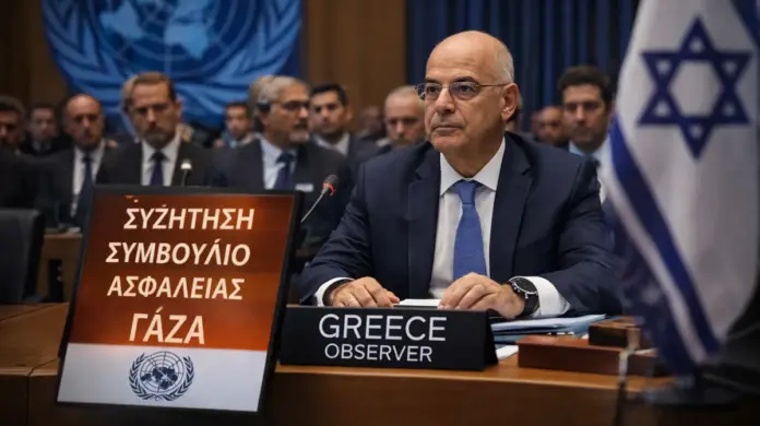 Σκηνή διπλωματικής συνεδρίασης σε αίθουσα ΟΗΕ με εκπρόσωπο σε τραπέζι συζητήσεων και φόντο το έμβλημα των Ηνωμένων Εθνών