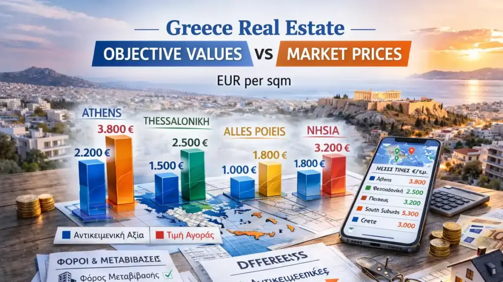 Greece Real Estate: Objective Values vs Market Prices — What It Means for Citizens (EUR/sqm)