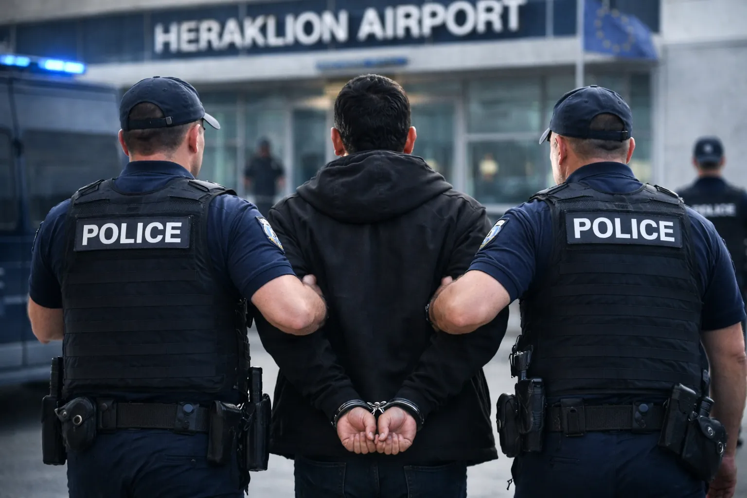 Law enforcement scene at Heraklion Airport related to a detention and potential deportation case