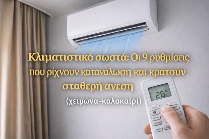 Κλιματιστικό τοίχου σε λειτουργία με τηλεχειριστήριο που δείχνει ρύθμιση θερμοκρασίας για εξοικονόμηση ενέργειας