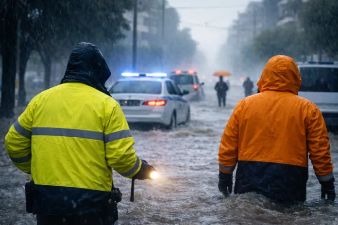 Two emergency responders walk through a flooded city street during heavy rain in Greece.