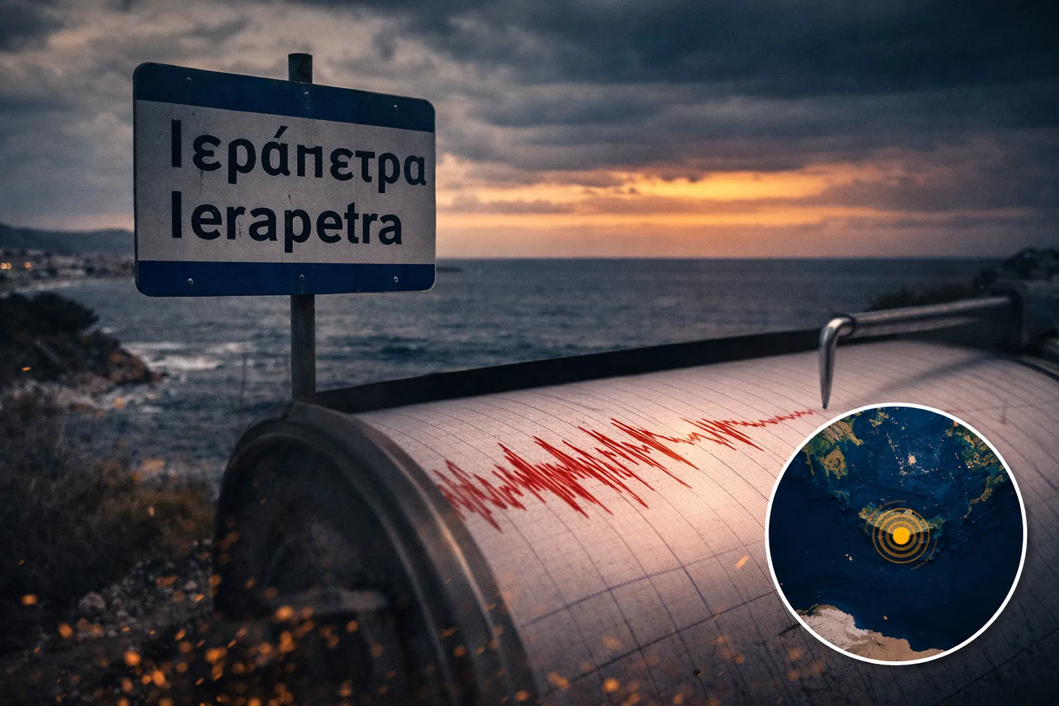 Πινακίδα Ιεράπετρας στην Κρήτη με φόντο τη θάλασσα, για είδηση ασθενών σεισμικών δονήσεων νότια της περιοχής