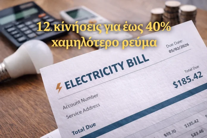 Λογαριασμός ρεύματος με λάμπα LED και αριθμομηχανή, που συμβολίζει τη μείωση κόστους ενέργειας στο σπίτι