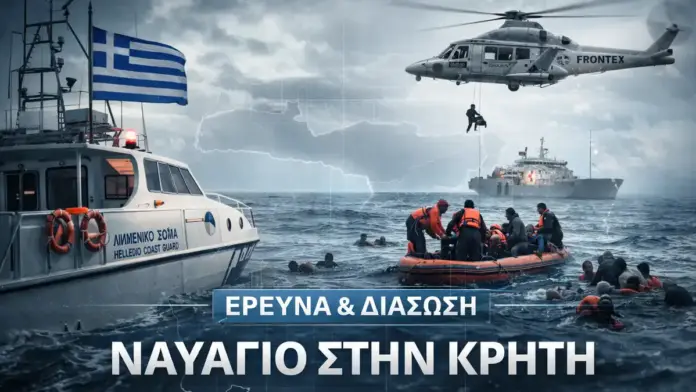 Θεσμική εικόνα επιχείρησης έρευνας και διάσωσης νότια της Κρήτης με σκάφος του Λιμενικού και βοηθητικό σκάφος σε συνθήκες θαλασσοταραχής.