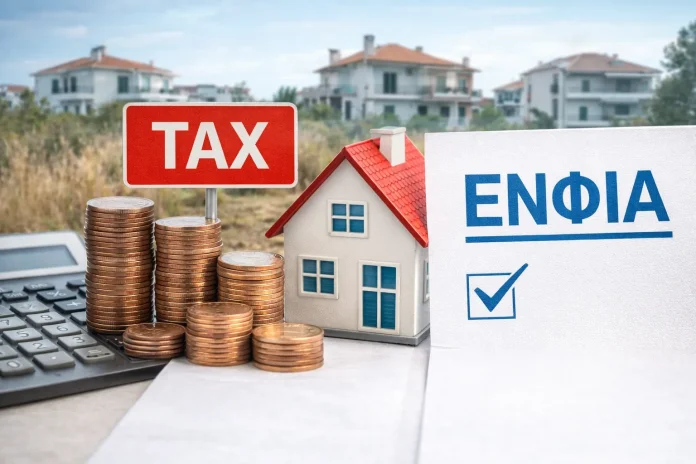 ΕΝΦΙΑ και φορολογία ακινήτων με σπίτι, νομίσματα και ένδειξη φόρου σε φόντο κατοικιών.