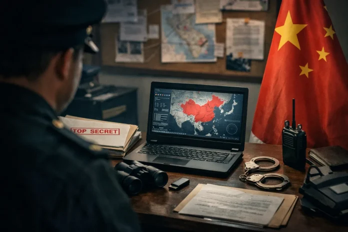 Σιλουέτα στρατιωτικού σε γραφείο με laptop και χάρτη της Κίνας, σε εικόνα τύπου newsroom για υπόθεση φερόμενης κατασκοπείας.