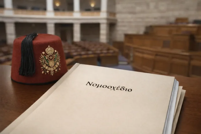 Νομοσχέδιο σε κοινοβουλευτικό περιβάλλον με οθωμανικό φέσι ως συμβολικό στοιχείο