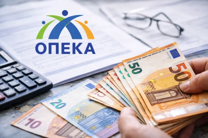 Υπολογιστής και έγγραφα πληρωμών με φόντο οικονομικό περιβάλλον, για ενημέρωση σχετικά με πληρωμές επιδομάτων ΟΠΕΚΑ