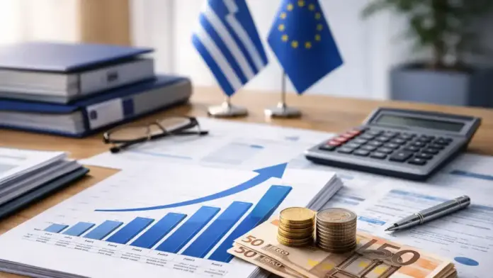 Θεσμική φωτογραφία οικονομικών εγγράφων με γραφήματα, κομπιουτεράκι και ευρώ σε γραφείο, με ελληνική και ευρωπαϊκή σημαία στο φόντο, χωρίς κείμενο πάνω στην εικόνα.