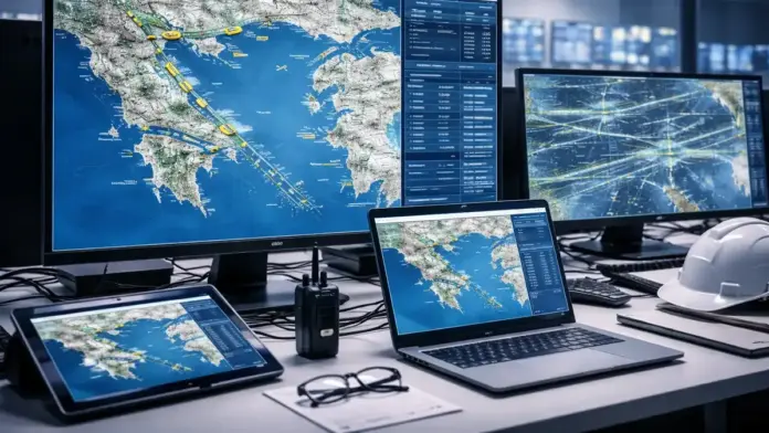 Institutional railway operations control room with multiple monitors showing a rail network map and live-tracking visuals; work desk with laptop and equipment; no text overlay.