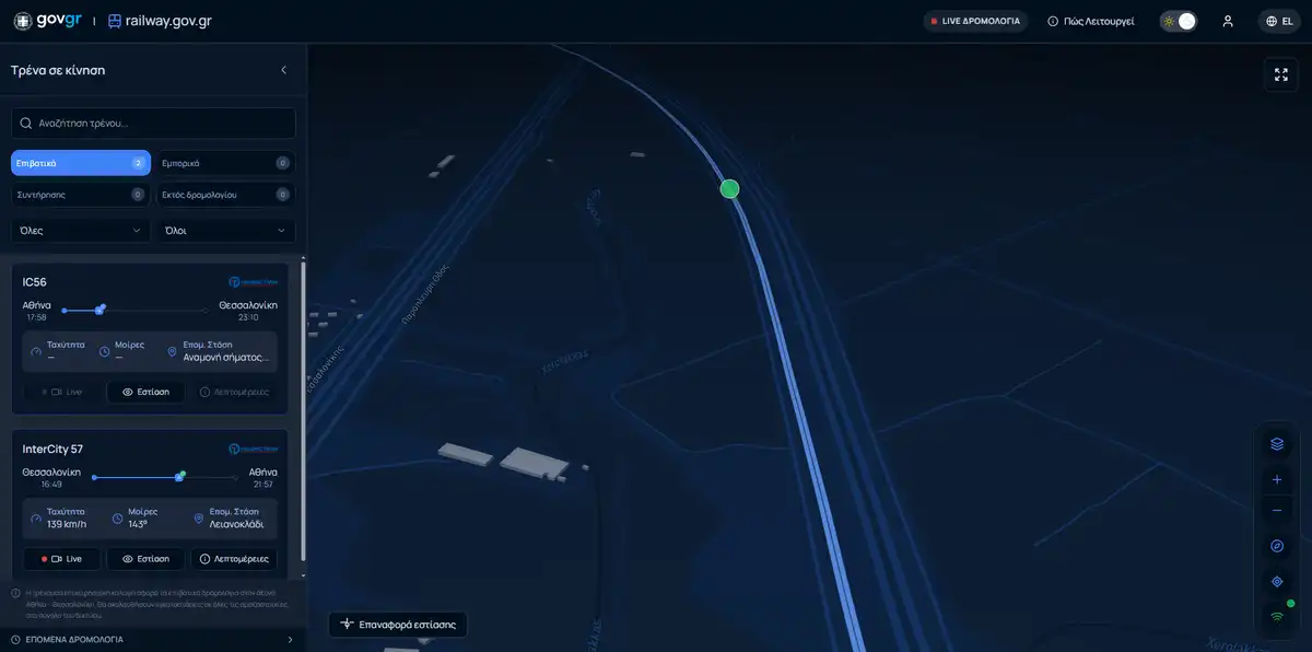Railway.gov.gr live map showing trains in motion with route visualization and control panel