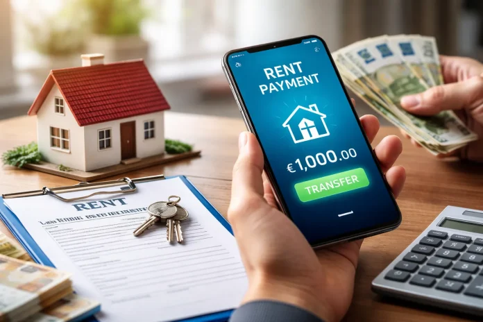 Smartphone showing a rent payment bank transfer next to house keys, rental contract, calculator, and euro banknotes