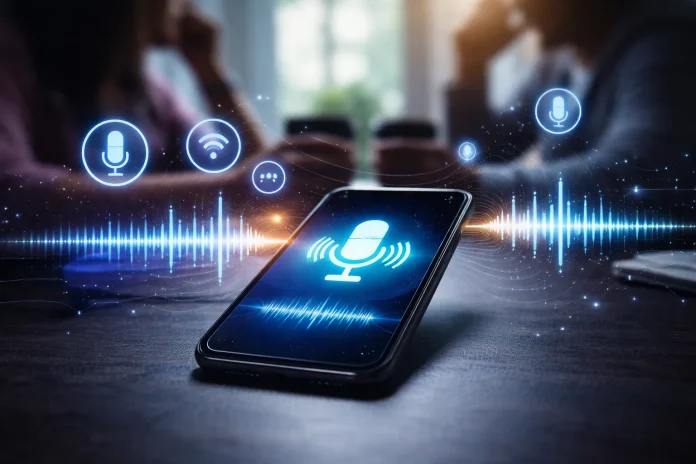 Smartphone screen showing a glowing microphone icon with soundwaves, symbolizing privacy concerns about phones listening