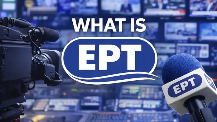 American-style newsroom image illustrating Greece’s public broadcaster ERT, with a TV camera, a broadcast microphone, and a control-room video wall in the background.