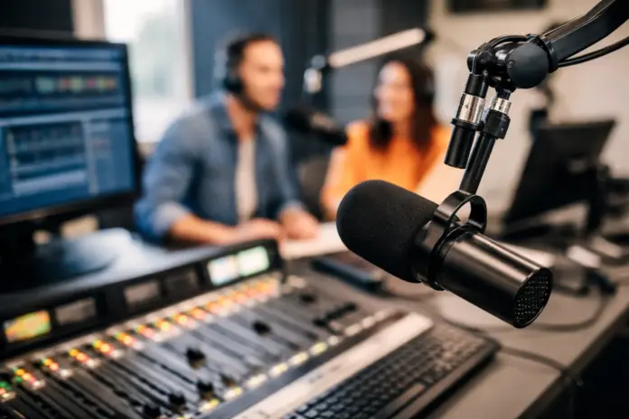Professional radio studio microphone during live broadcast for World Radio Day