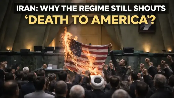 Institutional image of anti-U.S. symbolism in Iran’s parliament and the regime’s propaganda machinery