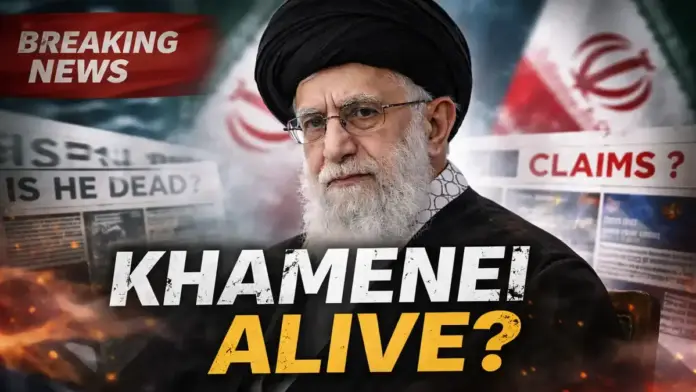 Text-free, international newsroom-style featured image symbolizing contested claims about Iran’s leadership: a dark, neutral scene with an out-of-focus government podium, soft flag colors in the background, and a subtle world map overlay, composed with safe margins for 16:9 cropping.