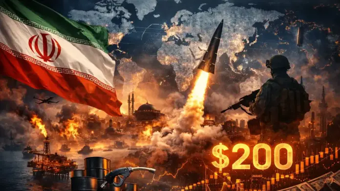 Θεσμική γεωπολιτική εικόνα για την ιρανική κλιμάκωση με πύραυλο, πετρέλαιο, χάρτη κόσμου και παγκόσμιες οικονομικές επιπτώσεις