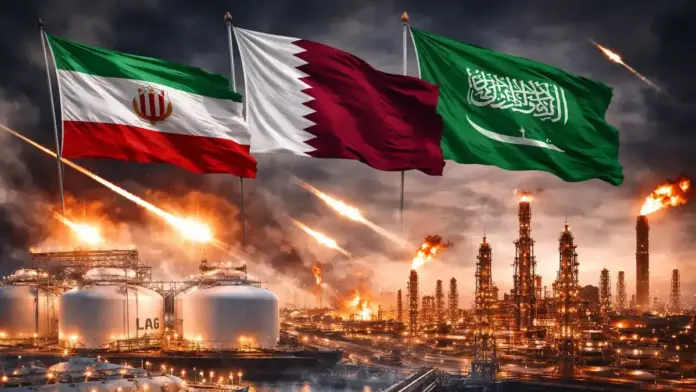 Editorial image showing Iran, Qatar, and Saudi Arabia linked to Gulf energy escalation and pressure on LNG infrastructure