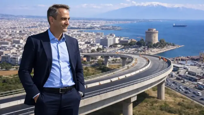 Θεσμική εικόνα με τον Κυριάκο Μητσοτάκη και συμβολική απεικόνιση του Flyover στη Θεσσαλονίκη