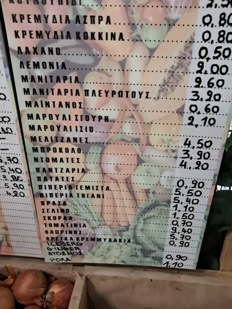Ταμπέλα καταστήματος με πιπεριά γεμιστή 5,50 ευρώ το κιλό και πιπεριά τηγανιού 5,40 ευρώ το κιλό