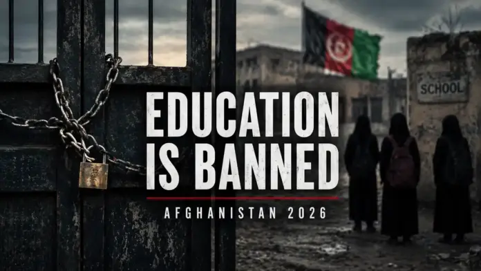 Closed school gate with chain in Afghanistan symbolizing the ban on girls’ education under Taliban rule