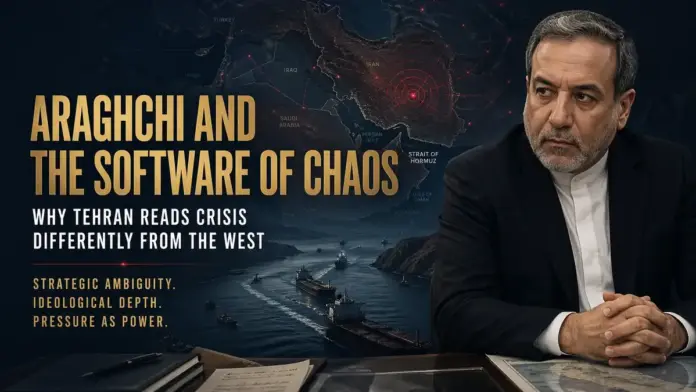 Institutional cinematic image of Abbas Araghchi against a dark regional map and the Strait of Hormuz, symbolizing strategic ambiguity, regime pressure, and geopolitical instability