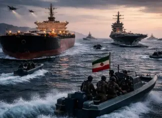 Θεσμική εικόνα ναυτικής έντασης στα Στενά του Ορμούζ με δεξαμενόπλοιο, πολεμικά πλοία και γεωπολιτική πίεση
