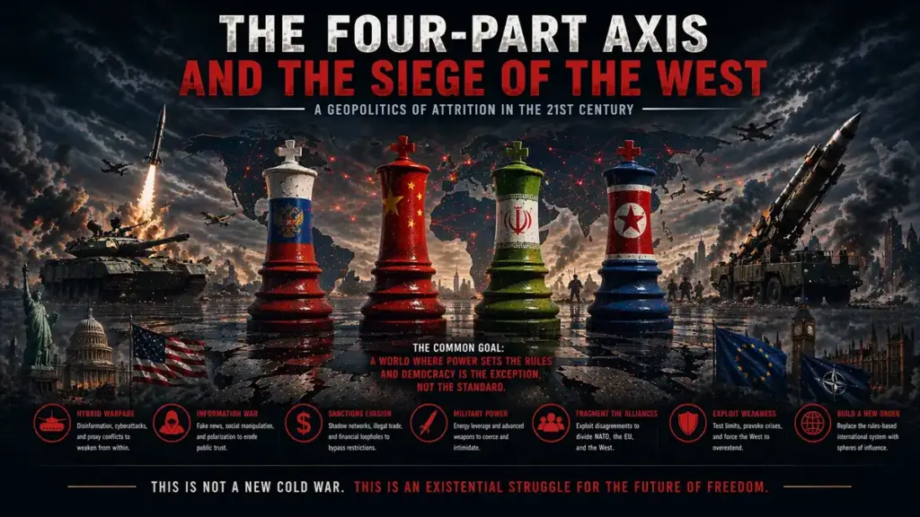 The Four-Part Axis and the Siege of the West: How Russia, China, Iran, and North Korea Converge in a Geopolitics of Attrition