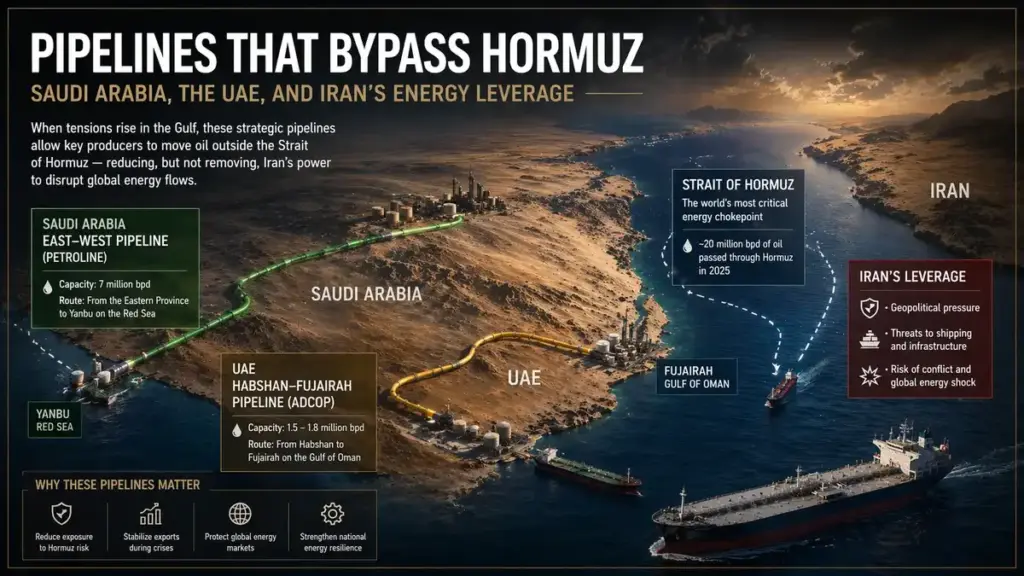 The Pipelines That Bypass Hormuz: What Saudi Arabia and the UAE Can Move Outside the Strait — and Why Iran’s Leverage Still Matters