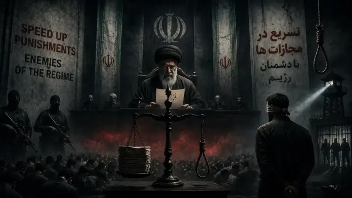 Θεσμική κινηματογραφική εικόνα για το ιρανικό καθεστώς, την επιτάχυνση ποινών και εκτελέσεων και το κλίμα κρατικής καταστολής