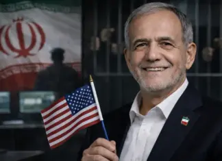 Ο Μασούντ Πεζεσκιάν χαμογελά κρατώντας αμερικανική σημαία, με φόντο την ιρανική σημαία και σκηνές καταστολής και φυλακών