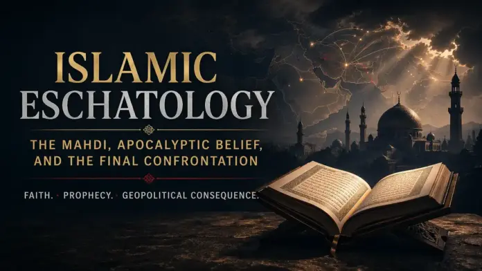 Institutional cinematic featured image on Islamic eschatology, showing an open sacred book, Islamic architecture, a dark regional map, and an atmosphere of prophecy, final confrontation, and geopolitical depth