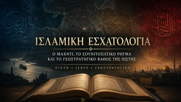 Θεσμική κινηματογραφική εικόνα για την ισλαμική εσχατολογία, με ανοιχτό Κοράνι, χάρτη της Μέσης Ανατολής, σουνιτοσιιτικό ρήγμα και γεωστρατηγική ατμόσφαιρα πίστης και ισχύος