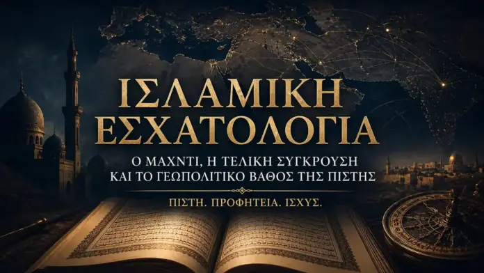 Θεσμική κινηματογραφική επιλεγμένη εικόνα για την ισλαμική εσχατολογία, με ανοιχτό ιερό βιβλίο, ισλαμική αρχιτεκτονική, γεωπολιτικό χάρτη και ατμόσφαιρα τελικής σύγκρουσης και πίστης