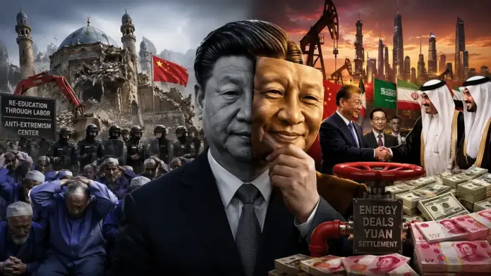 Η κινεζική γεωστρατηγική υποκρισία σε οπτική σύνθεση με καταστροφή τζαμιού, καταστολή μουσουλμάνων στη Σιντζιάνγκ και ενεργειακή διπλωματία της Κίνας στη Μέση Ανατολή