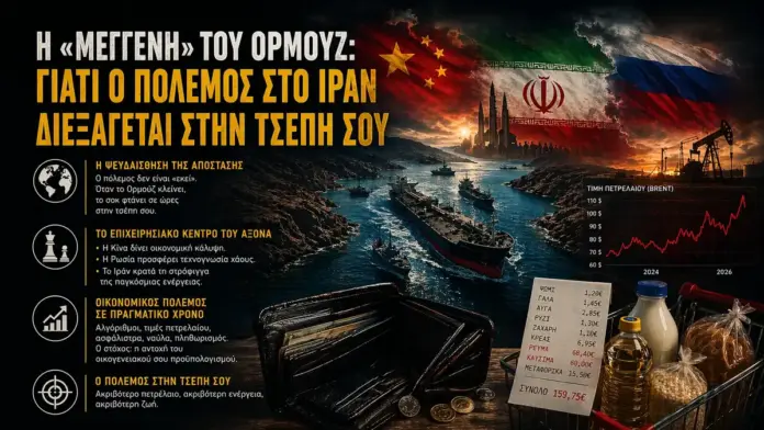Κινηματογραφική επιλεγμένη εικόνα για τα Στενά του Ορμούζ, με γεωστρατηγική ένταση ανάμεσα σε Ιράν, Κίνα και Ρωσία, δεξαμενόπλοια, πορτοφόλι και καθημερινό κόστος ζωής