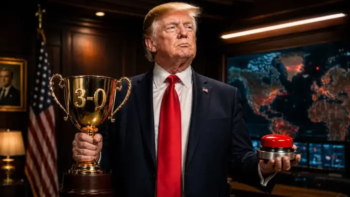 Trump 3-0: Πρόεδρος των ΗΠΑ σε συμβολική νικητήρια σκηνή με κύπελλο και κόκκινο κουμπί, σε περιβάλλον στρατηγικών αποφάσεων