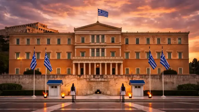 Θεσμική εικόνα της Βουλής των Ελλήνων στην Αθήνα για άρθρο σχετικά με τα σενάρια πρόωρων εκλογών στην Ελλάδα