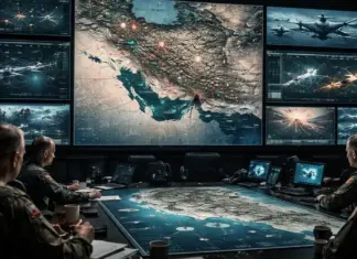 Θεσμική εικόνα κέντρου επιχειρήσεων με στρατηγικούς χάρτες για την κρίση ΗΠΑ και Ιράν